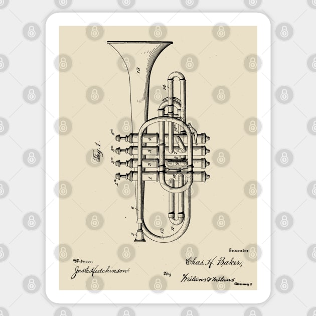 Rare and Unusual Brass Instrument, Four Valve Cornet, Brass Player Gift Sticker by Closeddoor